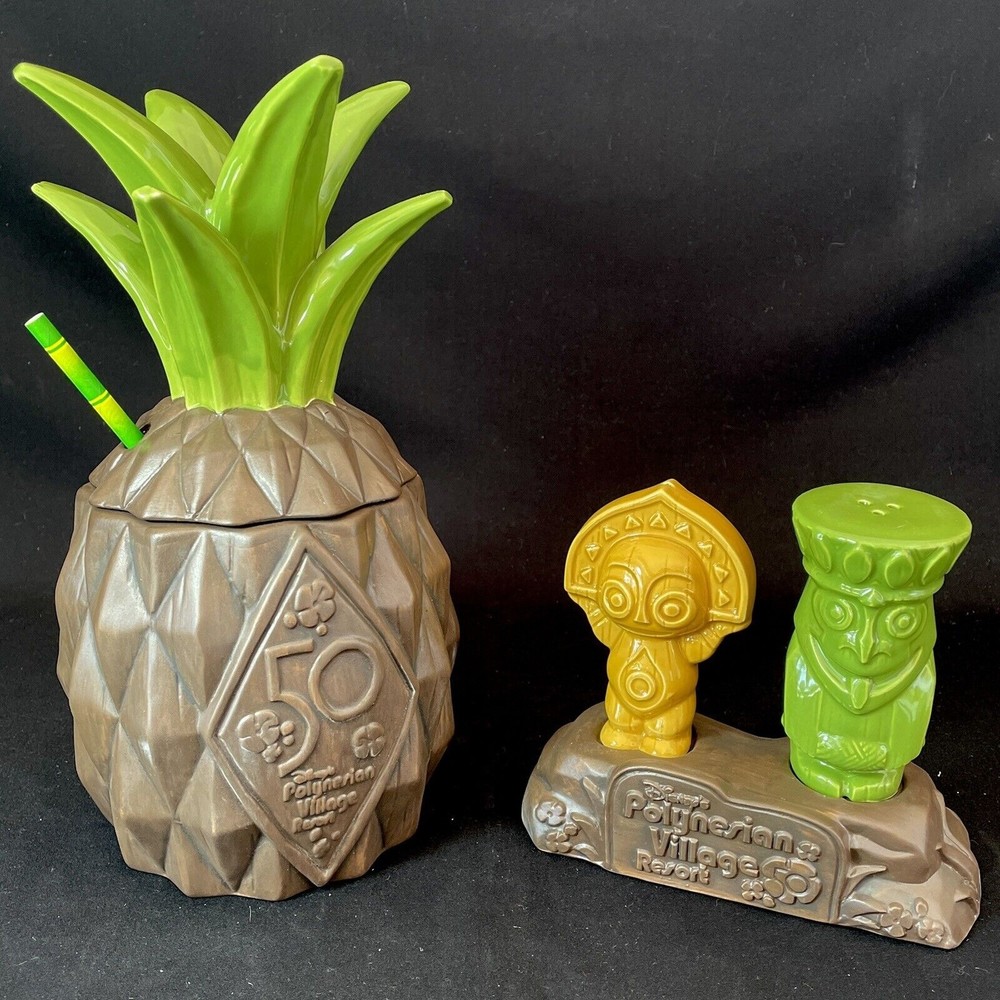 Disney Polynesian Resort 50th Pineapple Tiki Mug Salt Pepper  Set Trader Sams